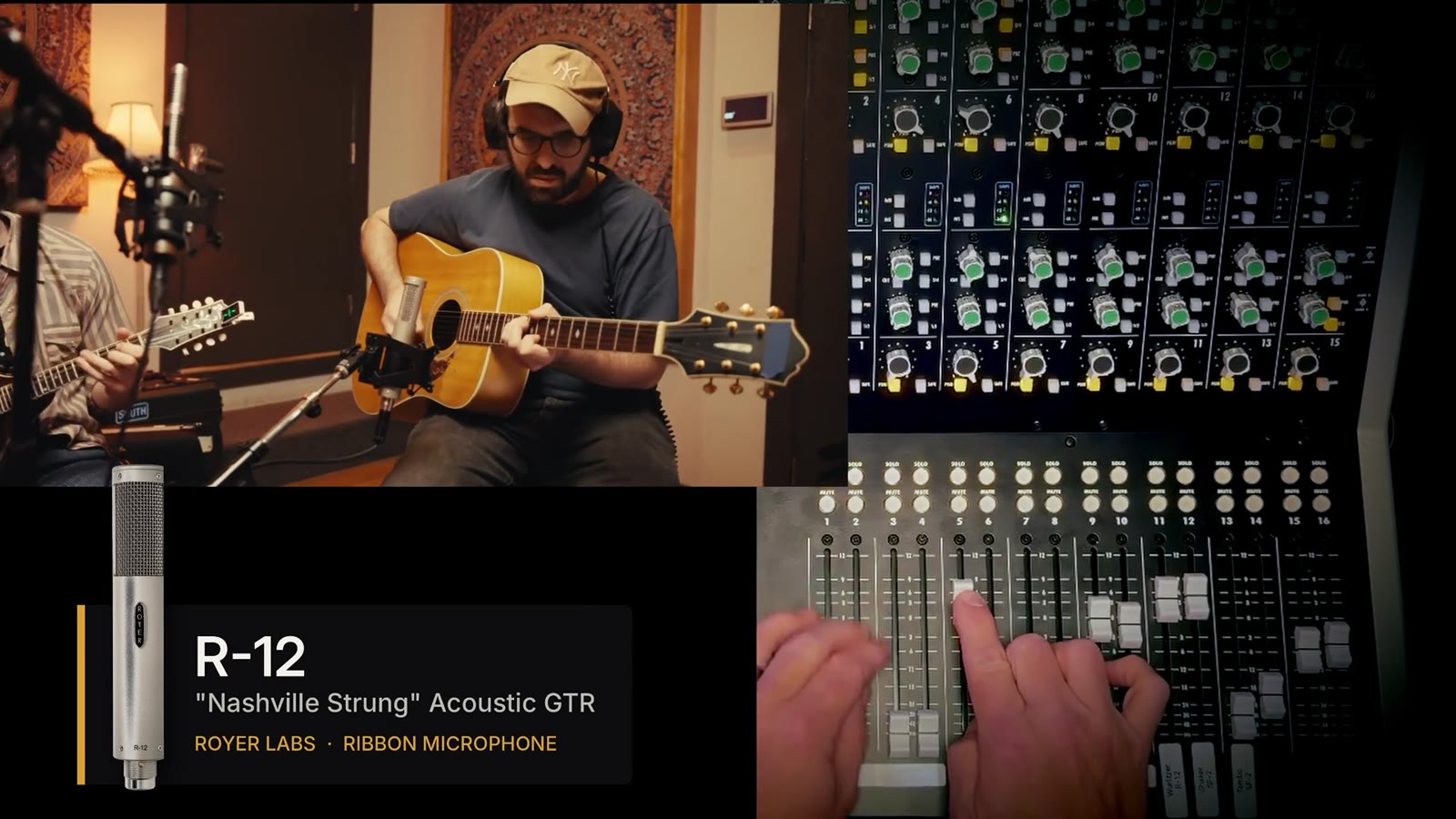 Anthony Da Costa playing a Nashville-strung acoustic guitar into a Royer R-12 ribbon microphone