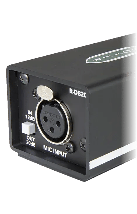 Royer dBooster in-line signal booster, close-up of the ribbon grille and badge