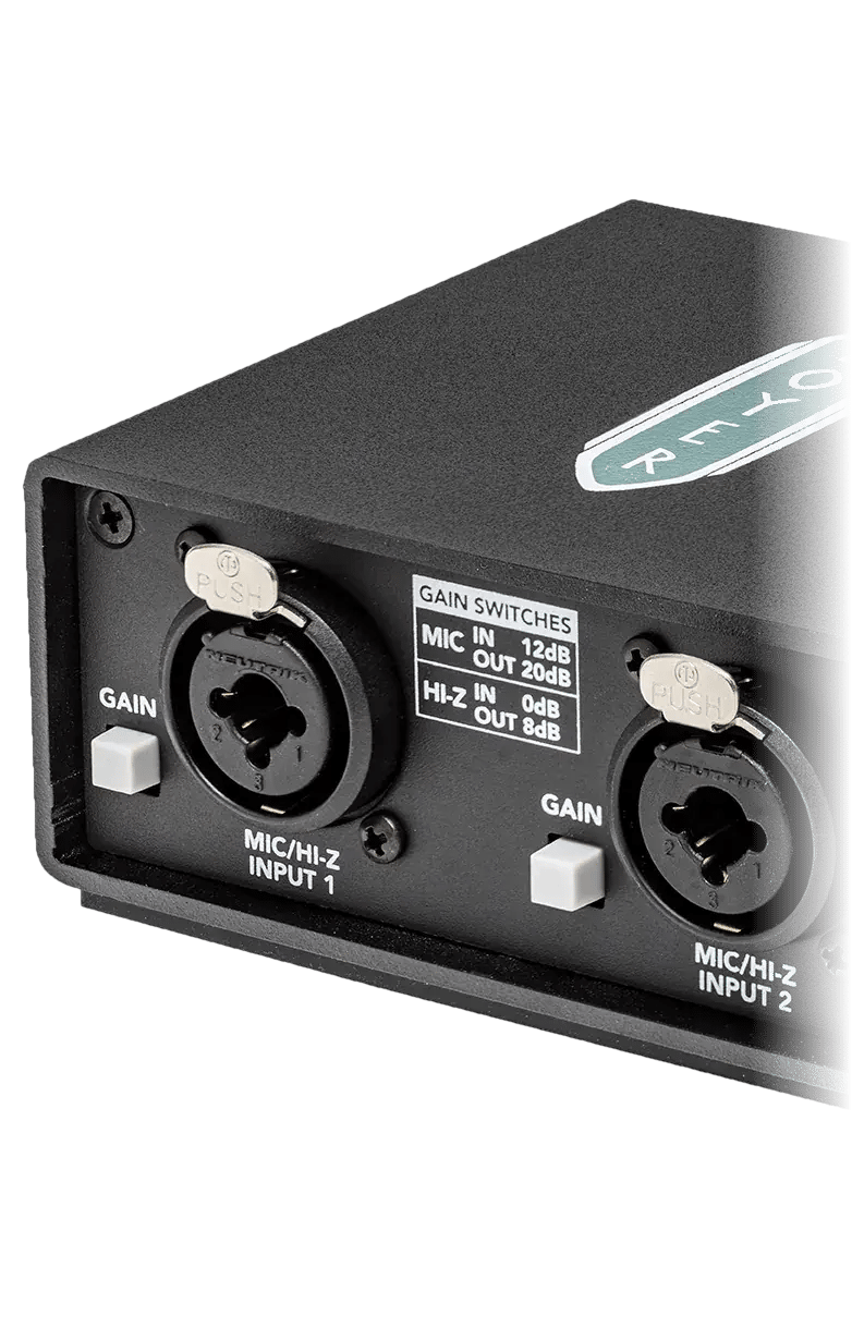 Royer dBooster2 two-channel signal booster and DI, close-up of the ribbon grille and badge