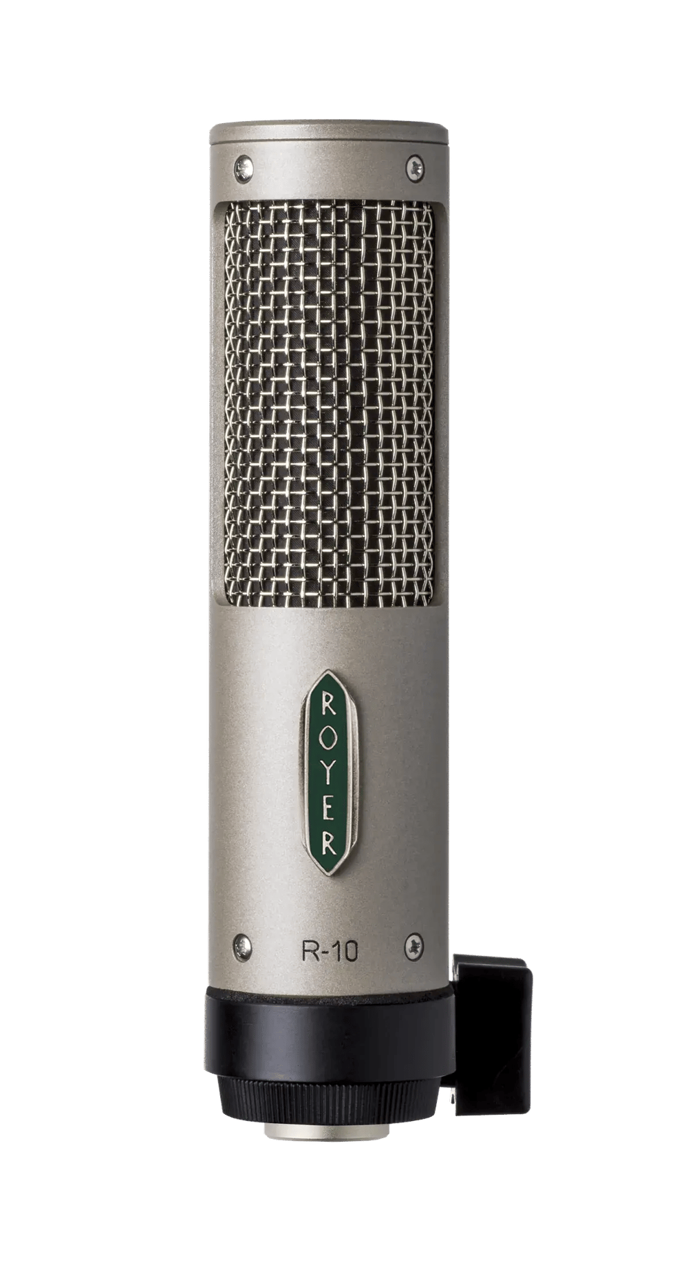 Royer R-10 ribbon microphone, close-up of the ribbon grille and badge