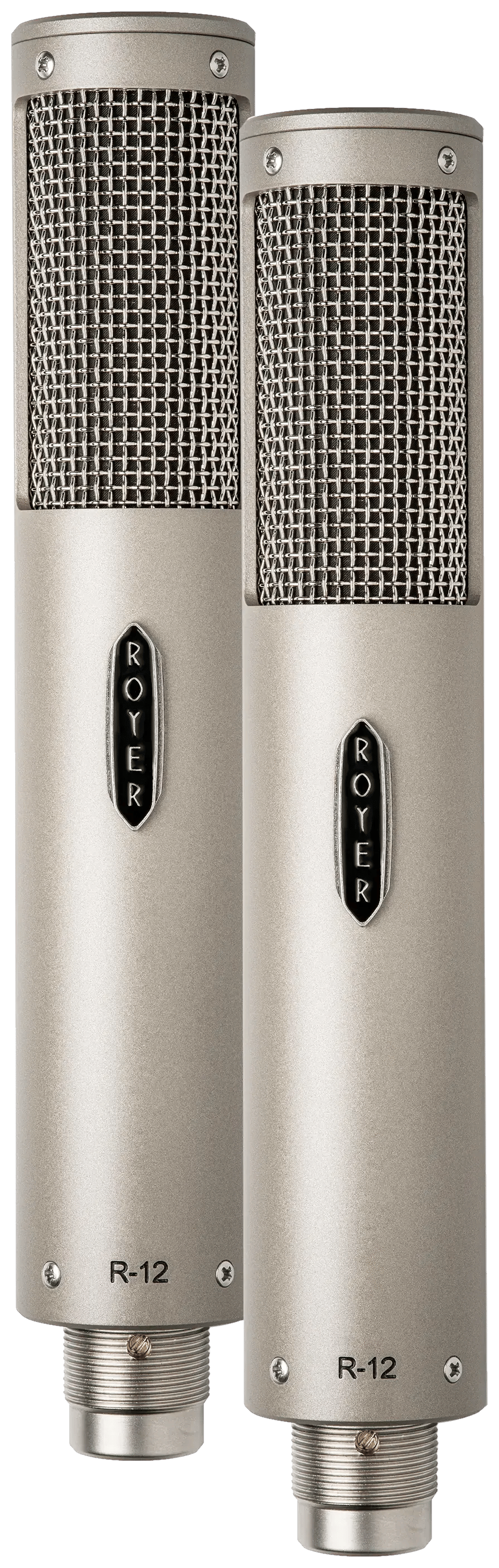 Royer R-12 ribbon microphones, matched pair, close-up of the ribbon grille and badge