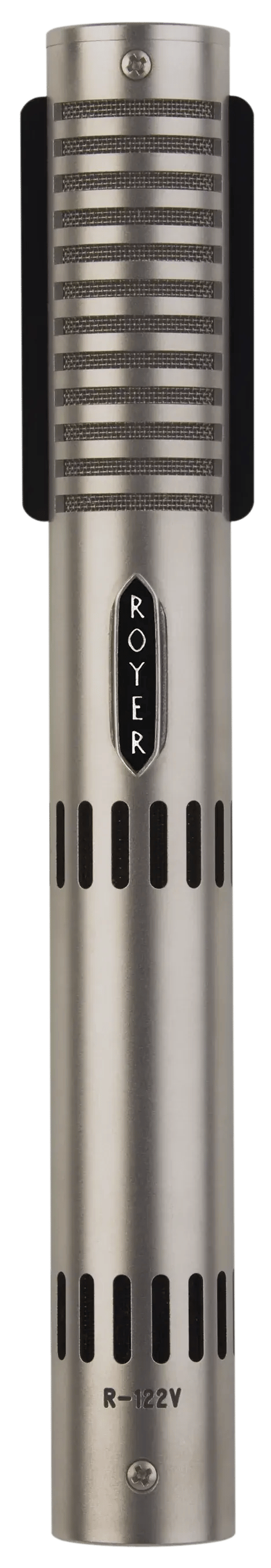 Royer R-122V ribbon microphone, close-up of the ribbon grille and badge