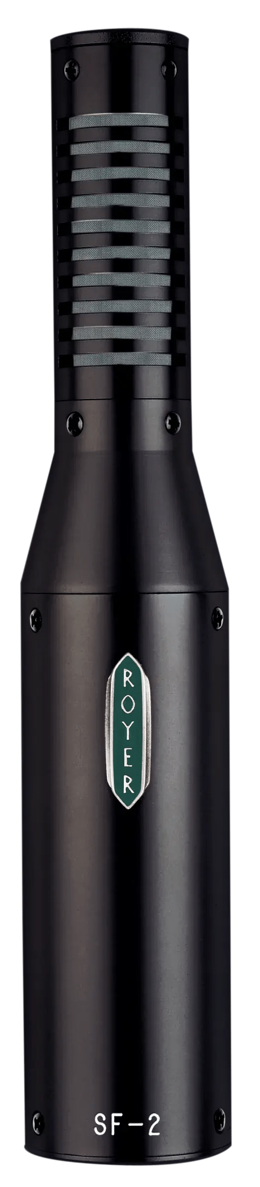 Royer SF-2 ribbon microphone, close-up of the ribbon grille and badge