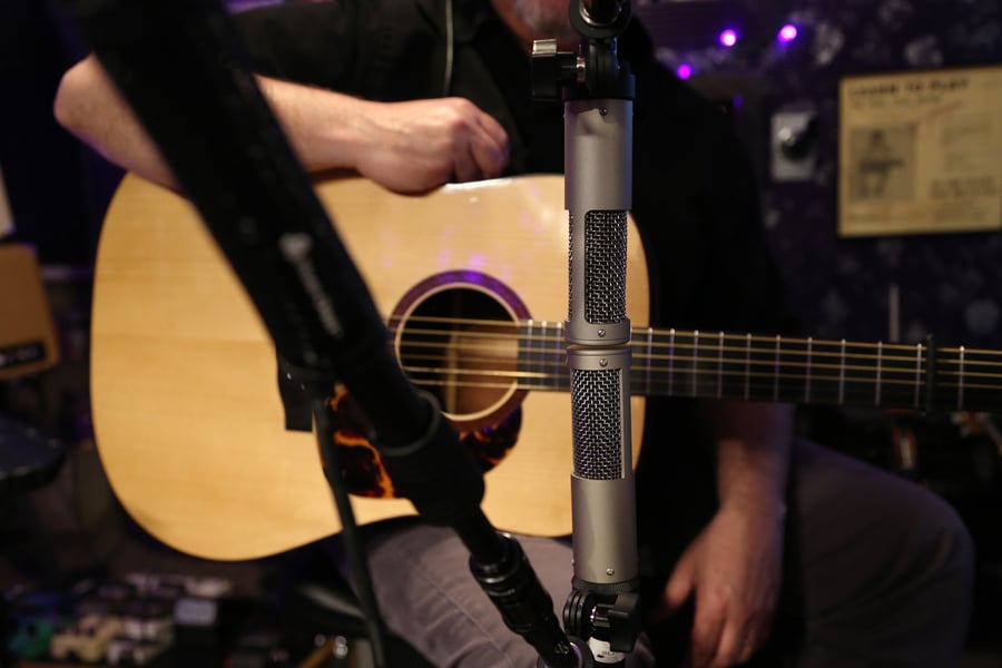 Two R-10 ribbon mics in Blumlein configuration on acoustic guitar, second view