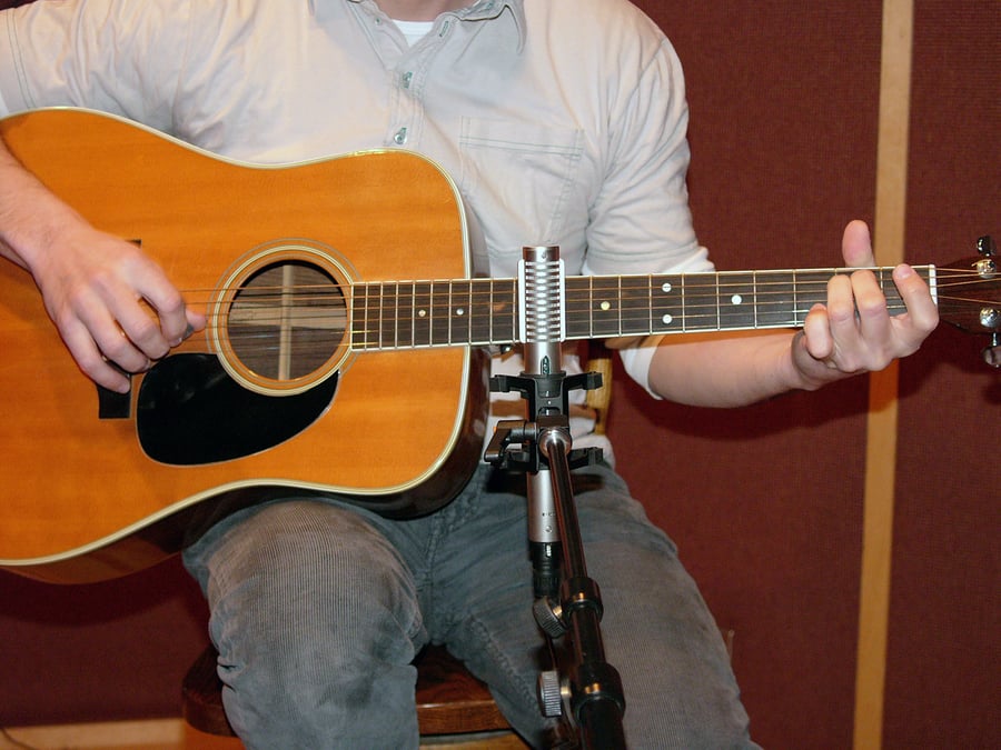Acoustic guitar miked with a single backward R-122 at the 12th fret