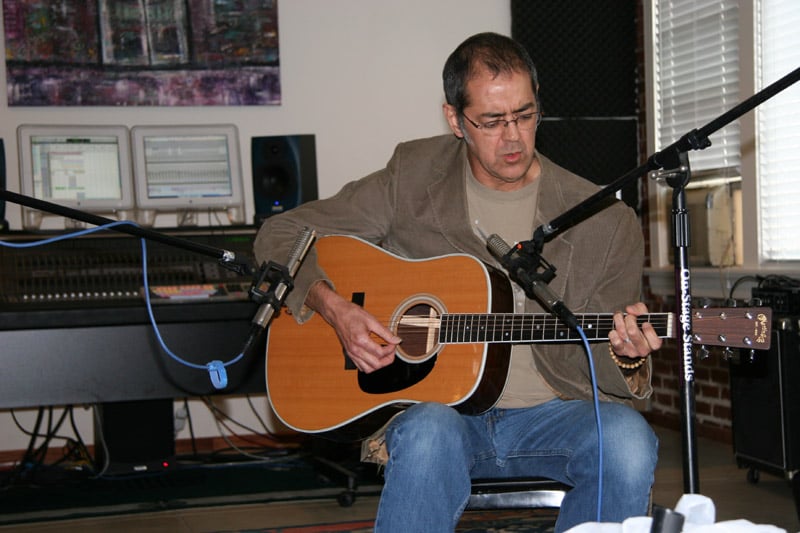Joe Garcia tracking acoustic guitar with a spaced pair of ribbon mics at Milestone Recording and Post