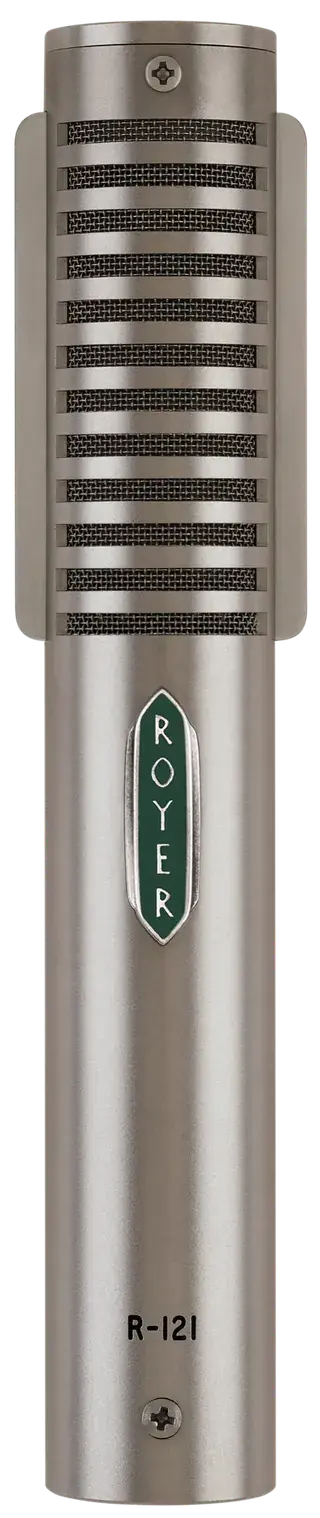 Royer R-121 ribbon microphone facing forward, logo side toward the sound source