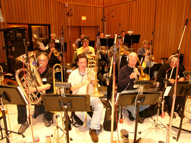 Brass section at Capitol Studios with R-122V mics on trumpets and R-121 mics on trombones