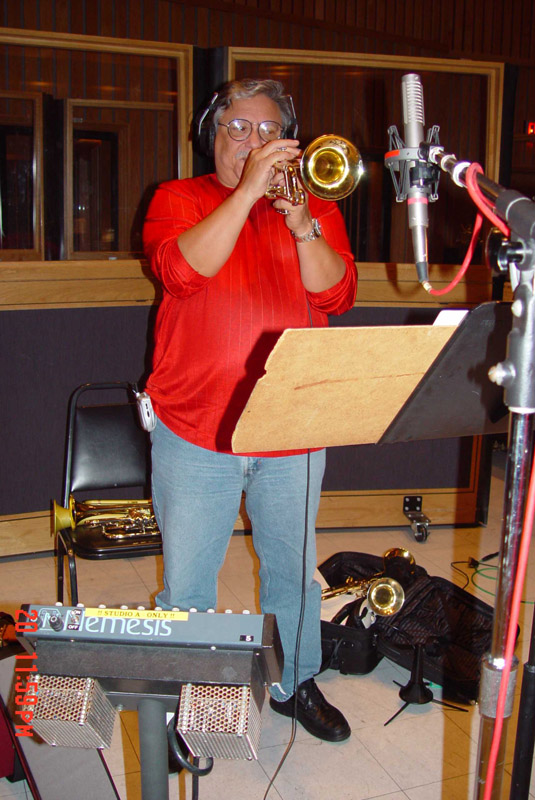 Arturo Sandoval playing trumpet into a Royer R-122 ribbon microphone
