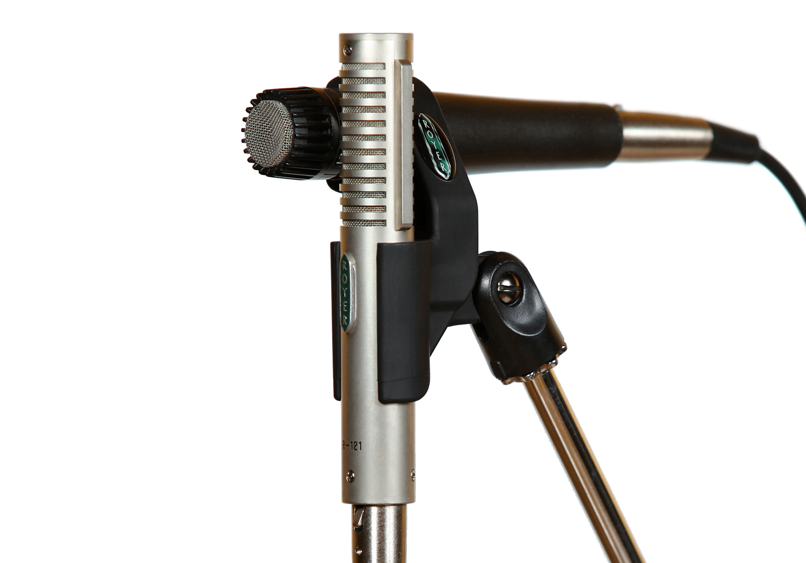 Side view of an AxeMount in use, holding an R-121 and a 57-style dynamic mic