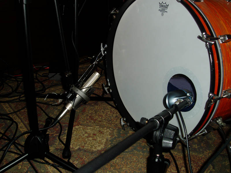 R-series ribbon mic angled 45 degrees toward the front kick drum head