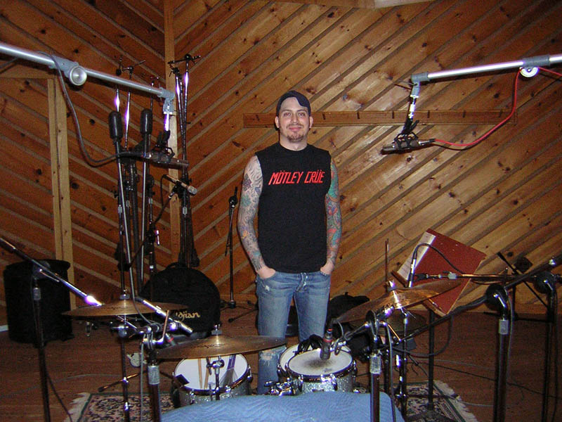 Drum kit with R-122 overheads during a Jane Monheit session engineered by Elliot Scheiner