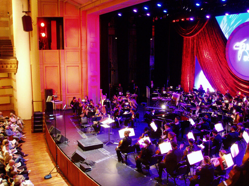 Full orchestra miked with a Royer SF-24 stereo ribbon microphone above the conductor