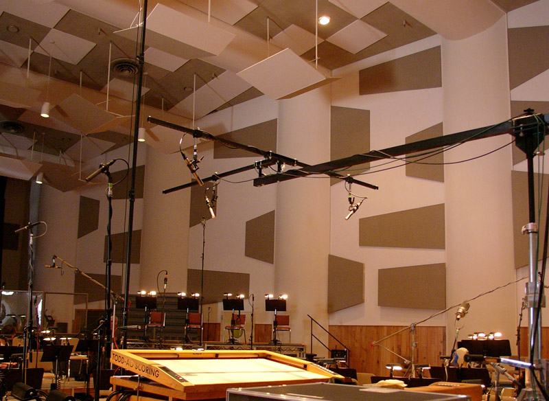 Decca tree with three R-122V ribbon mics over the conductor at a scoring session