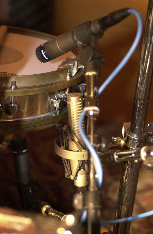 Ribbon mic on the snare drum at an MXPX session
