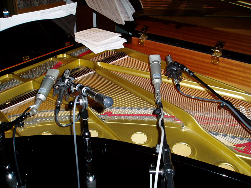 Spaced pair of R-122s alongside a pair of Neumann U-67s over a piano at the Meat Loaf Bat Out of Hell 3 session