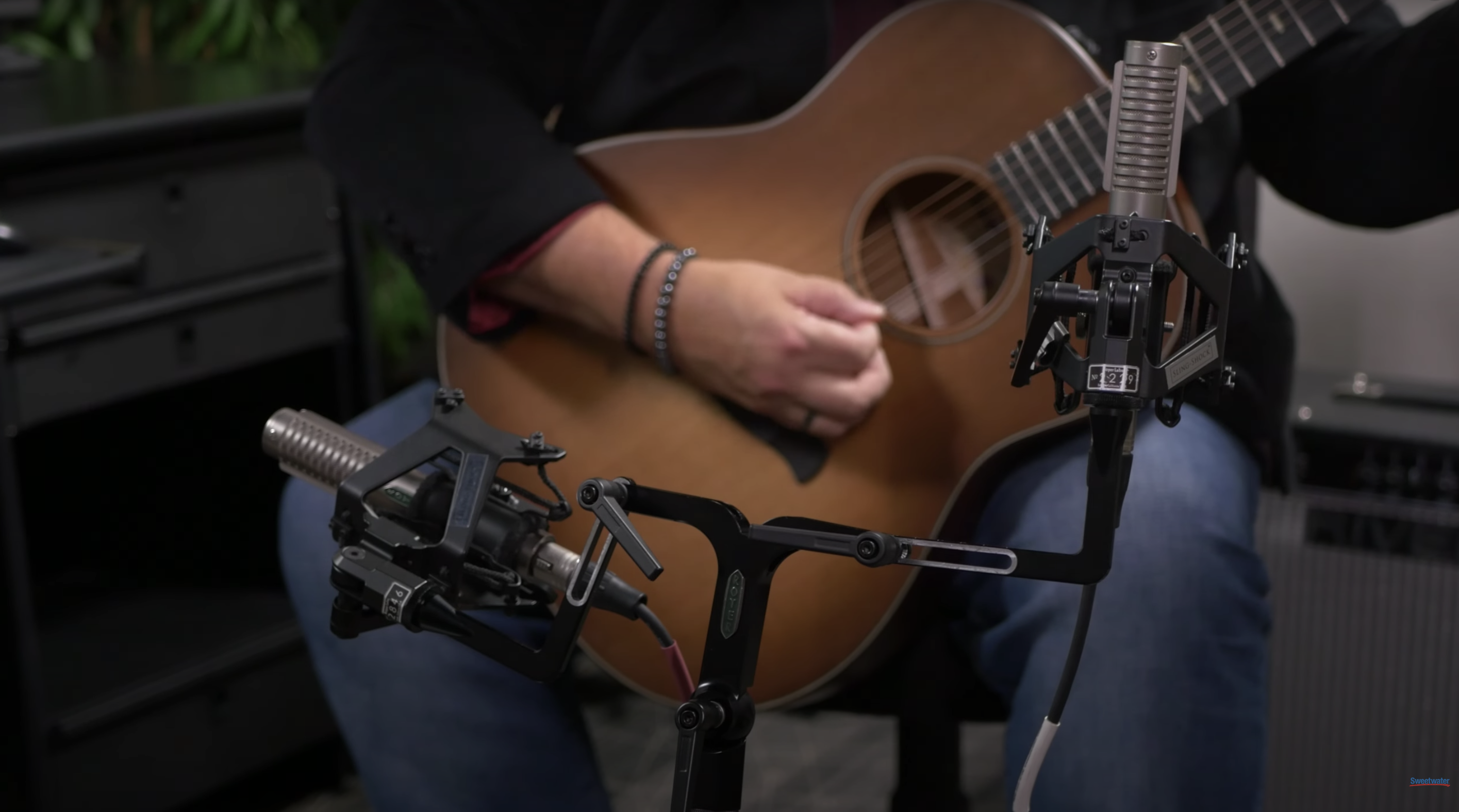 FlexBar holding two microphones on an acoustic guitar